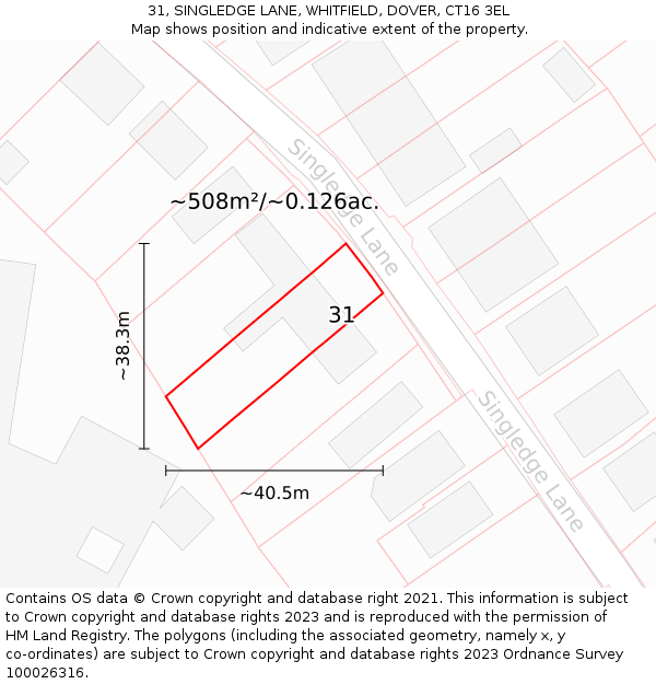 31, SINGLEDGE LANE, WHITFIELD, DOVER, CT16 3EL: Plot and title map