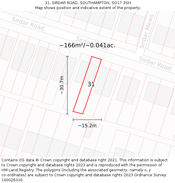 31, SIRDAR ROAD, SOUTHAMPTON, SO17 3SH: Plot and title map