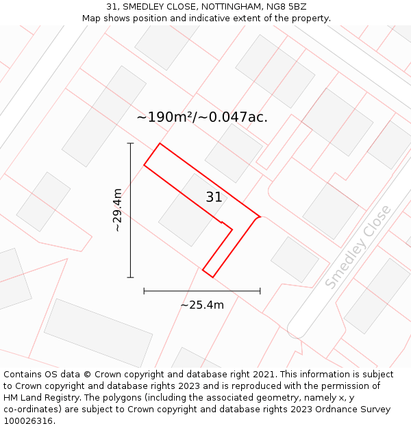 31, SMEDLEY CLOSE, NOTTINGHAM, NG8 5BZ: Plot and title map