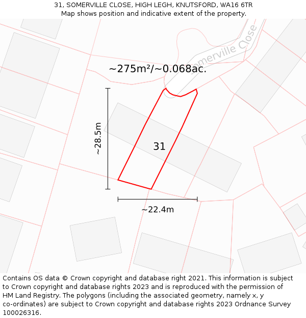 31, SOMERVILLE CLOSE, HIGH LEGH, KNUTSFORD, WA16 6TR: Plot and title map
