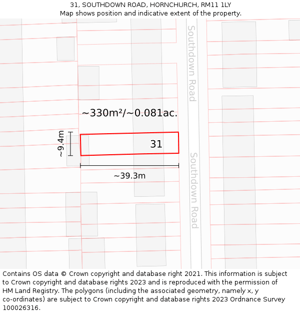 31, SOUTHDOWN ROAD, HORNCHURCH, RM11 1LY: Plot and title map