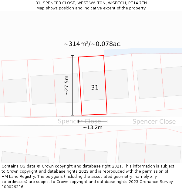 31, SPENCER CLOSE, WEST WALTON, WISBECH, PE14 7EN: Plot and title map