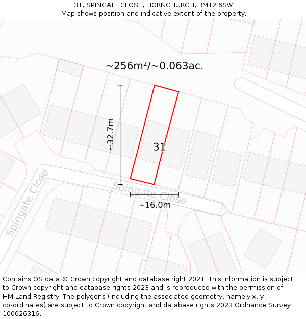 31, SPINGATE CLOSE, HORNCHURCH, RM12 6SW: Plot and title map