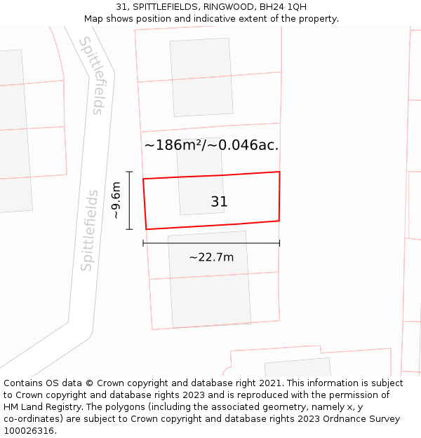 31, SPITTLEFIELDS, RINGWOOD, BH24 1QH: Plot and title map