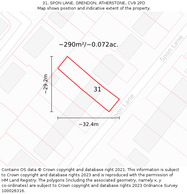 31, SPON LANE, GRENDON, ATHERSTONE, CV9 2PD: Plot and title map