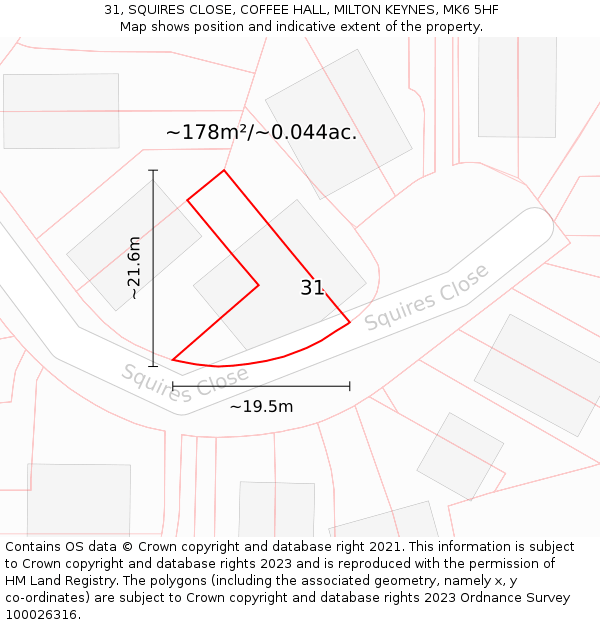 31, SQUIRES CLOSE, COFFEE HALL, MILTON KEYNES, MK6 5HF: Plot and title map