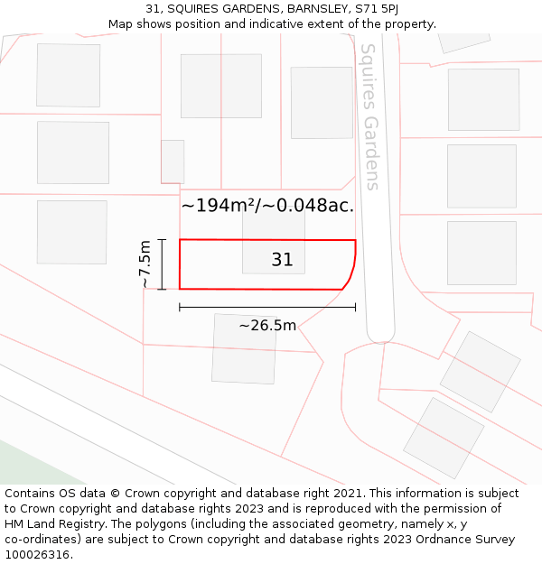 31, SQUIRES GARDENS, BARNSLEY, S71 5PJ: Plot and title map