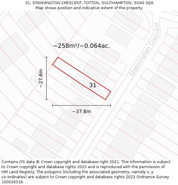 31, STANNINGTON CRESCENT, TOTTON, SOUTHAMPTON, SO40 3QA: Plot and title map