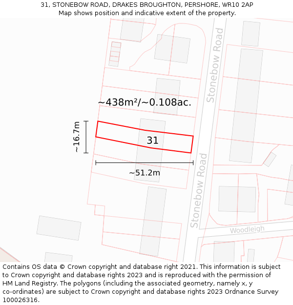 31, STONEBOW ROAD, DRAKES BROUGHTON, PERSHORE, WR10 2AP: Plot and title map