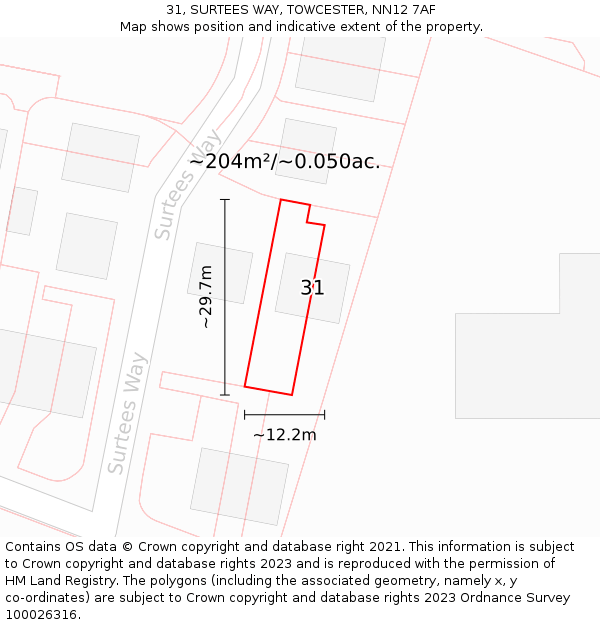 31, SURTEES WAY, TOWCESTER, NN12 7AF: Plot and title map