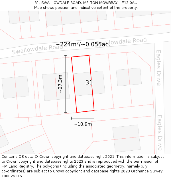 31, SWALLOWDALE ROAD, MELTON MOWBRAY, LE13 0AU: Plot and title map