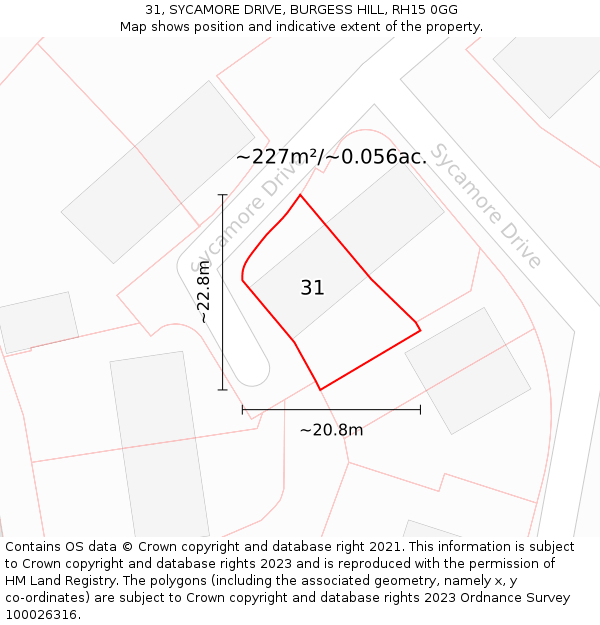 31, SYCAMORE DRIVE, BURGESS HILL, RH15 0GG: Plot and title map