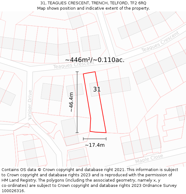 31, TEAGUES CRESCENT, TRENCH, TELFORD, TF2 6RQ: Plot and title map