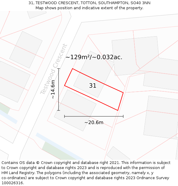 31, TESTWOOD CRESCENT, TOTTON, SOUTHAMPTON, SO40 3NN: Plot and title map