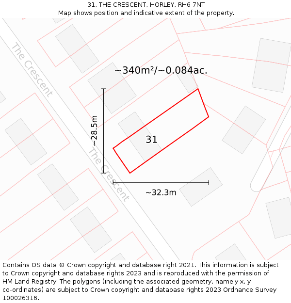 31, THE CRESCENT, HORLEY, RH6 7NT: Plot and title map