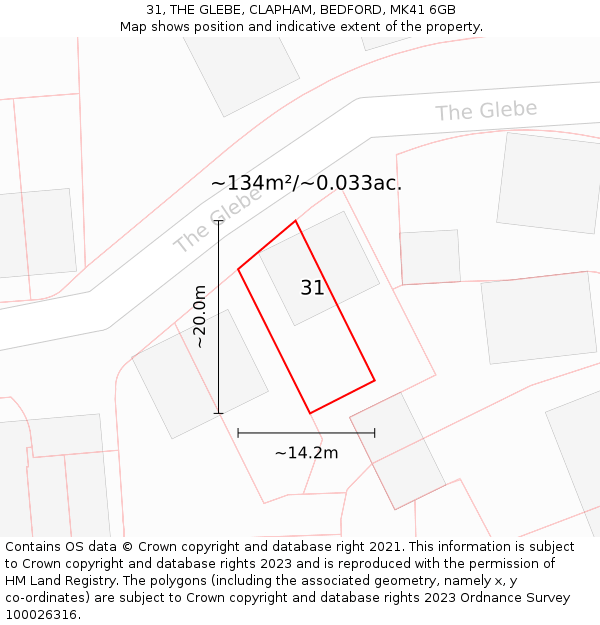 31, THE GLEBE, CLAPHAM, BEDFORD, MK41 6GB: Plot and title map