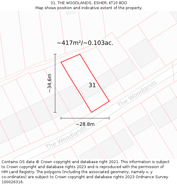 31, THE WOODLANDS, ESHER, KT10 8DD: Plot and title map