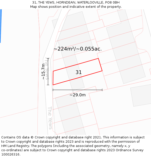 31, THE YEWS, HORNDEAN, WATERLOOVILLE, PO8 0BH: Plot and title map