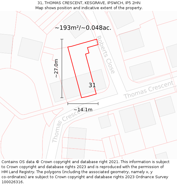 31, THOMAS CRESCENT, KESGRAVE, IPSWICH, IP5 2HN: Plot and title map