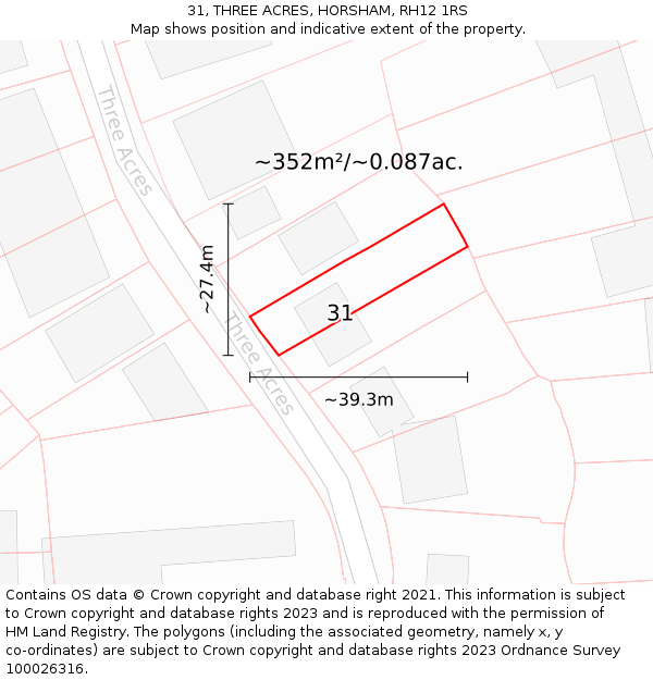 31, THREE ACRES, HORSHAM, RH12 1RS: Plot and title map