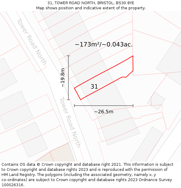 31, TOWER ROAD NORTH, BRISTOL, BS30 8YE: Plot and title map