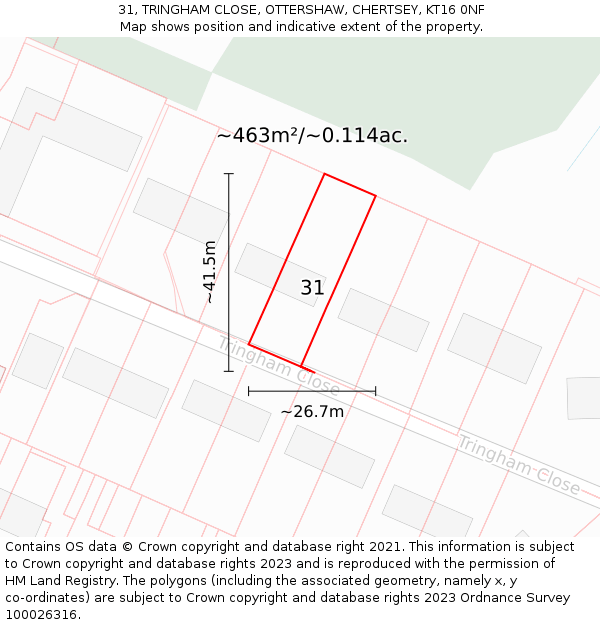 31, TRINGHAM CLOSE, OTTERSHAW, CHERTSEY, KT16 0NF: Plot and title map