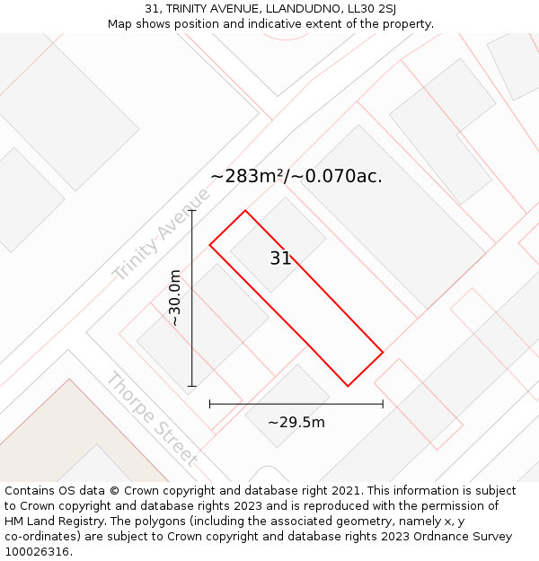 31, TRINITY AVENUE, LLANDUDNO, LL30 2SJ: Plot and title map