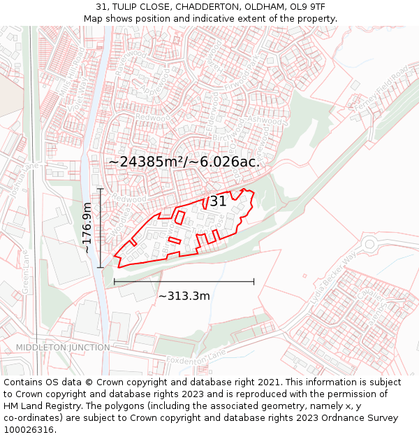 31, TULIP CLOSE, CHADDERTON, OLDHAM, OL9 9TF: Plot and title map