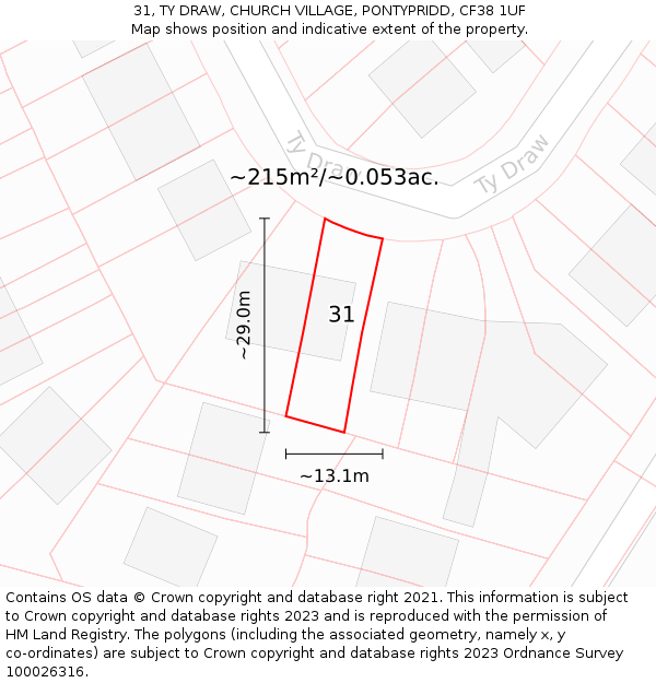 31, TY DRAW, CHURCH VILLAGE, PONTYPRIDD, CF38 1UF: Plot and title map