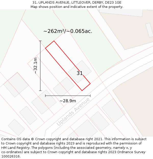 31, UPLANDS AVENUE, LITTLEOVER, DERBY, DE23 1GE: Plot and title map