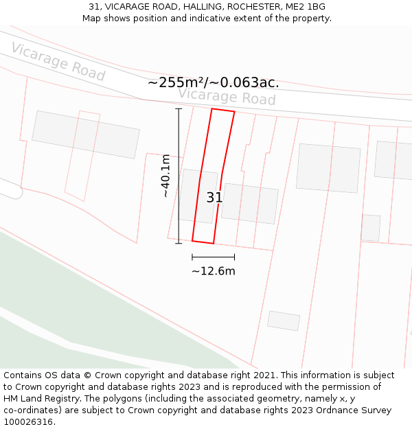 31, VICARAGE ROAD, HALLING, ROCHESTER, ME2 1BG: Plot and title map