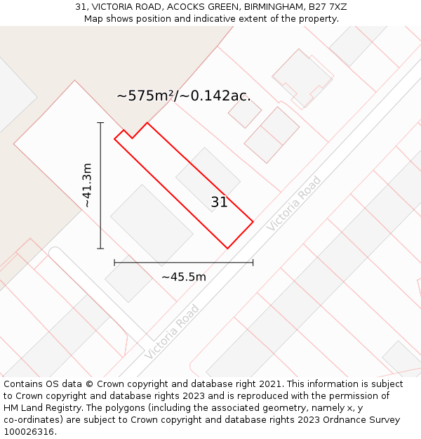 31, VICTORIA ROAD, ACOCKS GREEN, BIRMINGHAM, B27 7XZ: Plot and title map