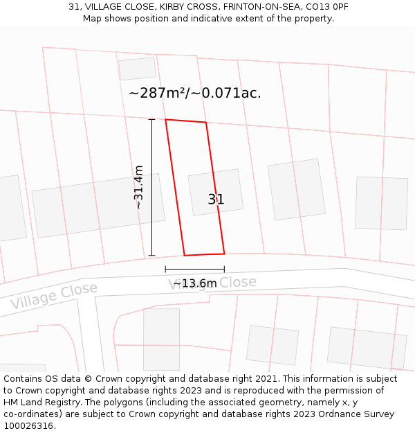 31, VILLAGE CLOSE, KIRBY CROSS, FRINTON-ON-SEA, CO13 0PF: Plot and title map