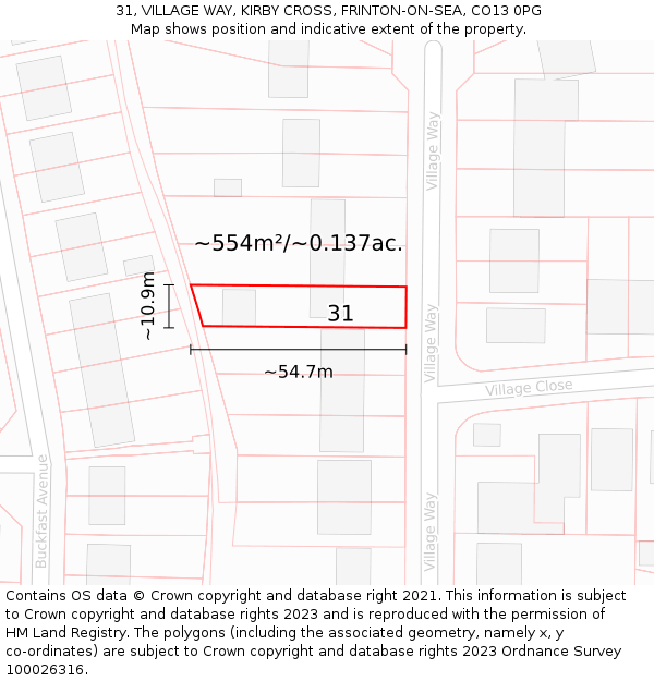 31, VILLAGE WAY, KIRBY CROSS, FRINTON-ON-SEA, CO13 0PG: Plot and title map
