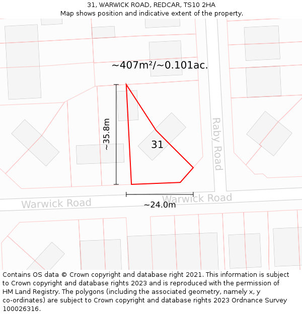 31, WARWICK ROAD, REDCAR, TS10 2HA: Plot and title map