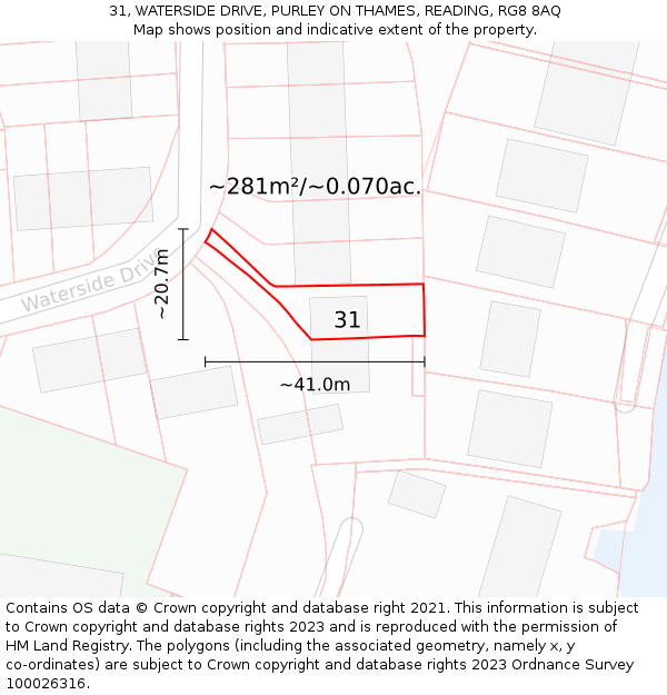 31, WATERSIDE DRIVE, PURLEY ON THAMES, READING, RG8 8AQ: Plot and title map