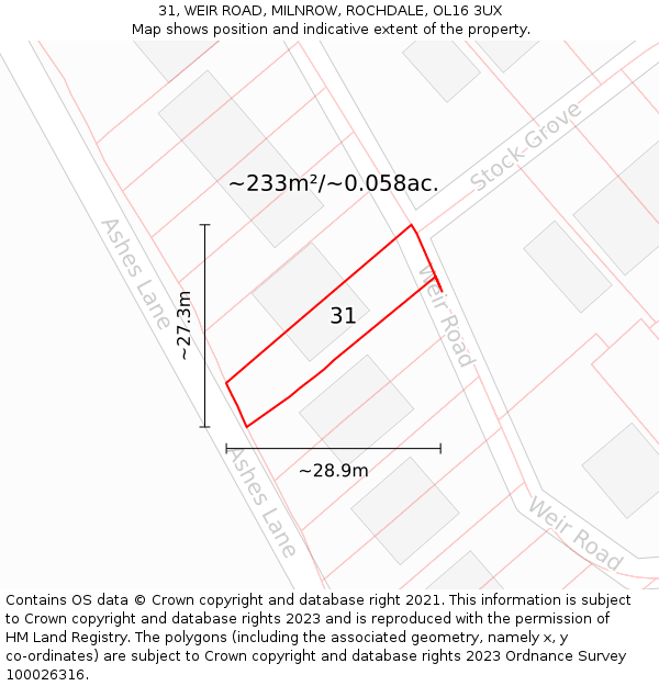 31, WEIR ROAD, MILNROW, ROCHDALE, OL16 3UX: Plot and title map