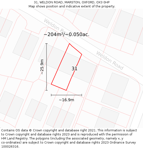 31, WELDON ROAD, MARSTON, OXFORD, OX3 0HP: Plot and title map