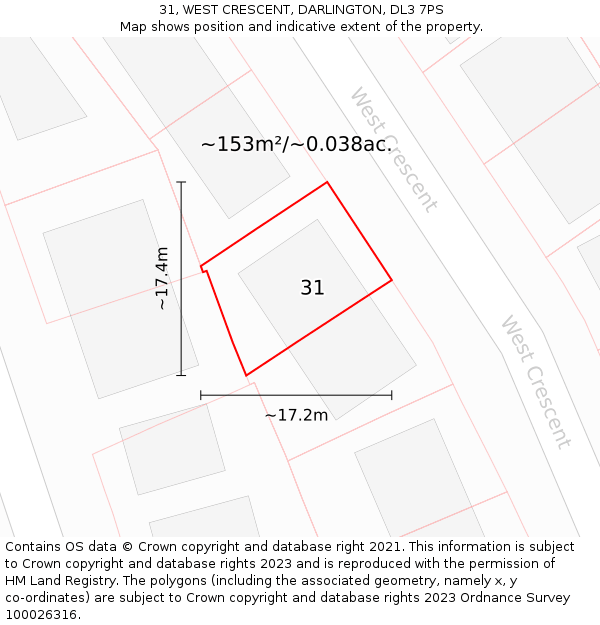 31, WEST CRESCENT, DARLINGTON, DL3 7PS: Plot and title map