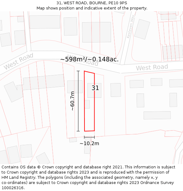 31, WEST ROAD, BOURNE, PE10 9PS: Plot and title map