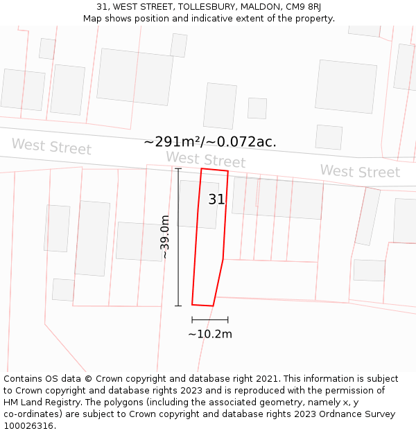 31, WEST STREET, TOLLESBURY, MALDON, CM9 8RJ: Plot and title map