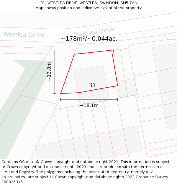 31, WESTLEA DRIVE, WESTLEA, SWINDON, SN5 7AN: Plot and title map