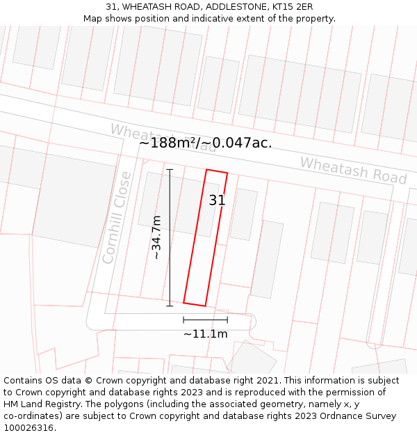 31, WHEATASH ROAD, ADDLESTONE, KT15 2ER: Plot and title map