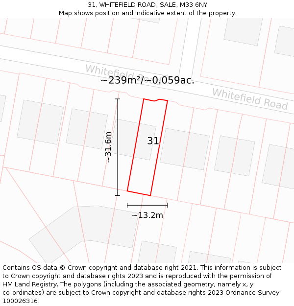 31, WHITEFIELD ROAD, SALE, M33 6NY: Plot and title map