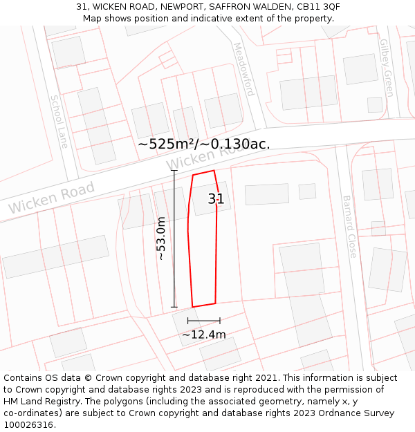 31, WICKEN ROAD, NEWPORT, SAFFRON WALDEN, CB11 3QF: Plot and title map