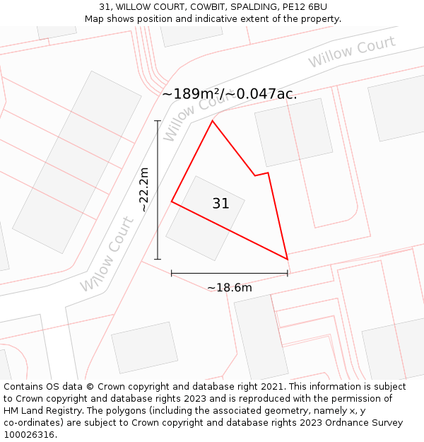 31, WILLOW COURT, COWBIT, SPALDING, PE12 6BU: Plot and title map