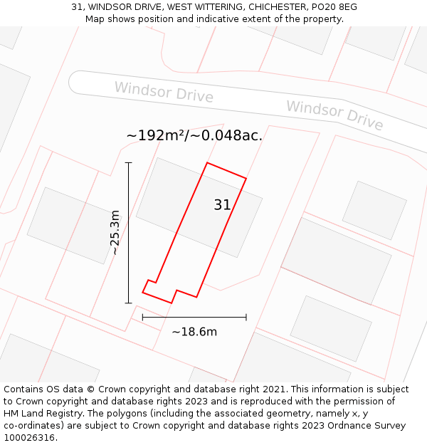 31, WINDSOR DRIVE, WEST WITTERING, CHICHESTER, PO20 8EG: Plot and title map