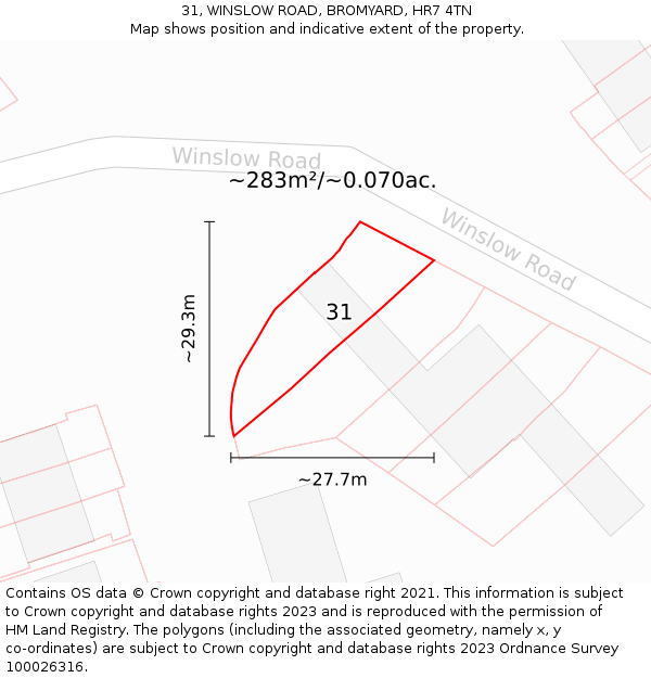 31, WINSLOW ROAD, BROMYARD, HR7 4TN: Plot and title map