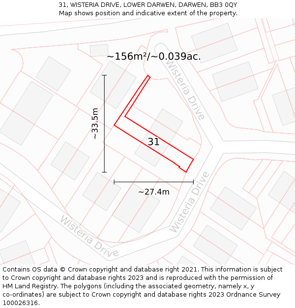 31, WISTERIA DRIVE, LOWER DARWEN, DARWEN, BB3 0QY: Plot and title map