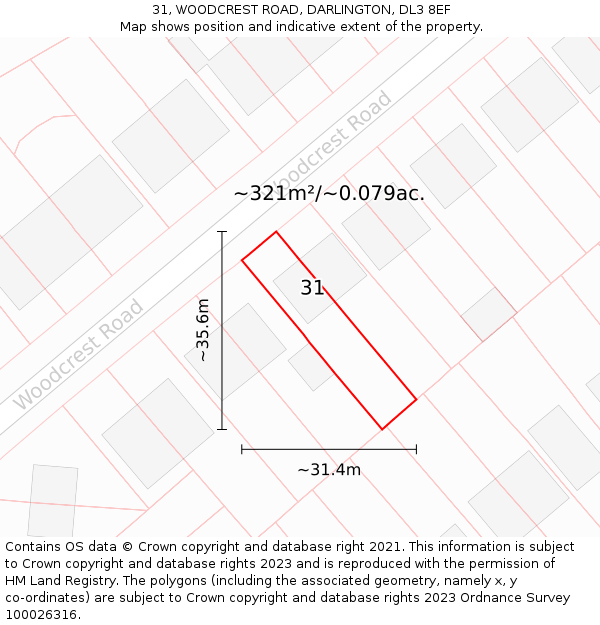 31, WOODCREST ROAD, DARLINGTON, DL3 8EF: Plot and title map